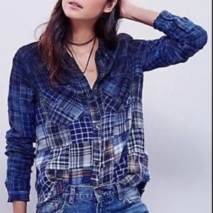 Free People Patchwork Blue Madras Flannel